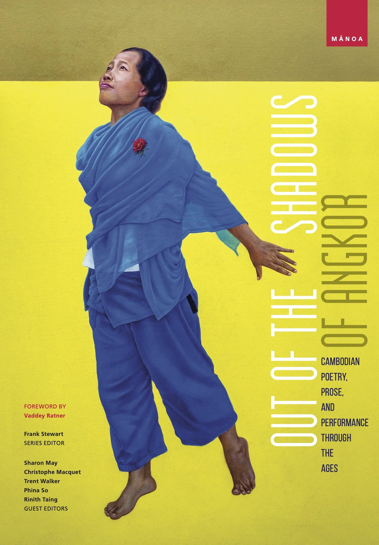 Cover of Out of the Shadows of Angkor: a Cambodian dancer in blue against a yellow background.